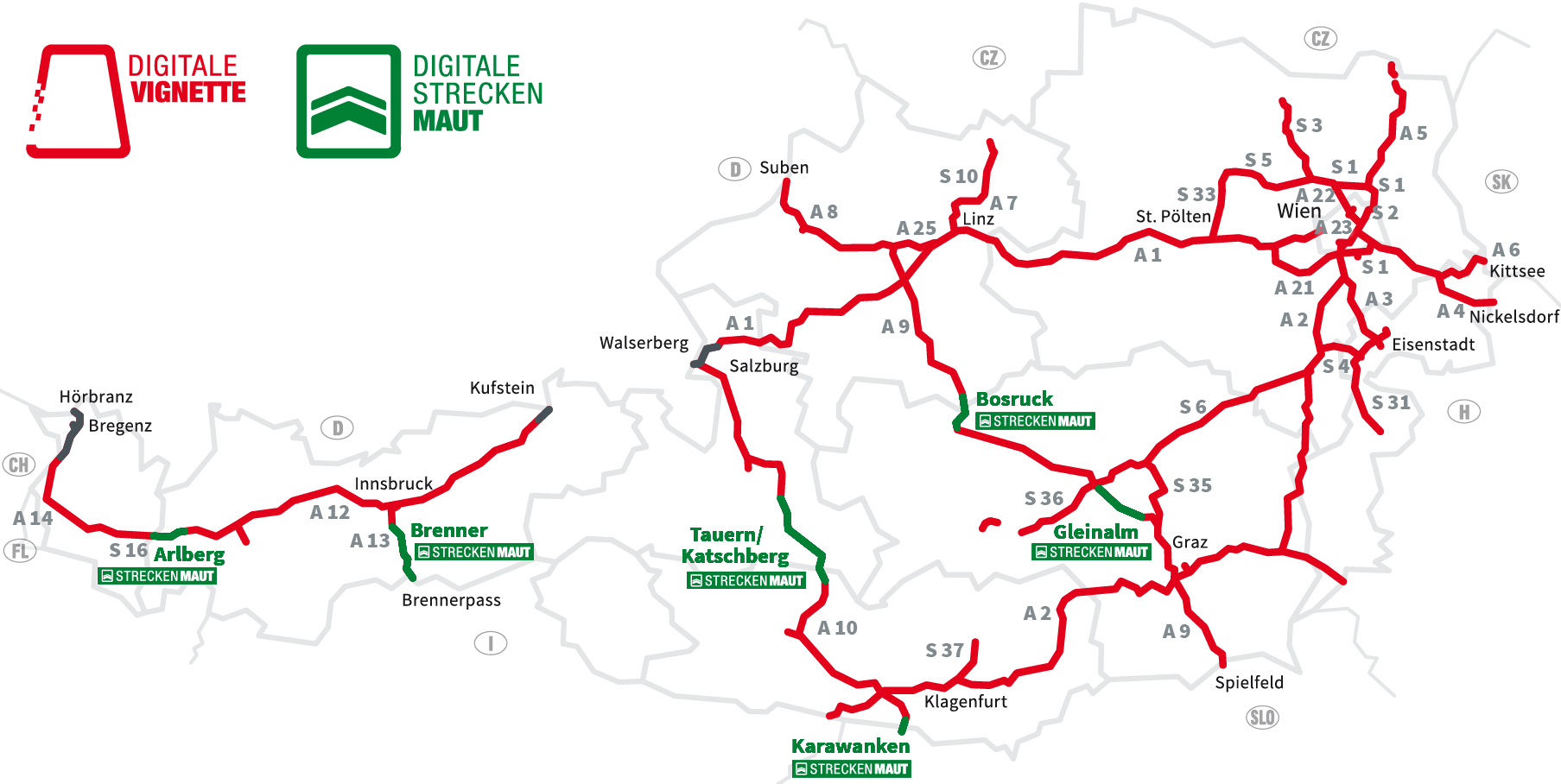 Grafik der mautpflichtigen Autobahnen und Schnellstraßen in Österreich mit rotem Logo der Digitalen Vignette und grünem Logo der Digitalen Streckenmaut. Vignettenpflichtige Strecken sind rot markiert. Grün hervorgehoben sind die sechs Streckenmaut-Abschnitte: S 16 Arlberg, A 13 Brenner, A 10 Tauern, A 11 Karawanken,  A 9 Bosruck und Gleinalm. Hier benötigen Sie ein Streckenmaut-Ticket. 